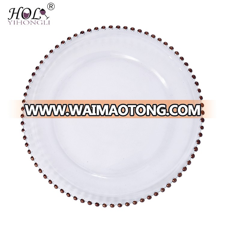 wholesale 13 inch cheap clear beaded glass charger plates for wedding event with gold rim or silver rim